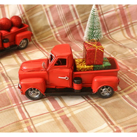 Christmas Vintage Red Metal Truck with Movable Wheel Kids Table Top Decor Gift